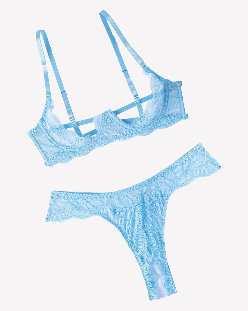 Light blue lace underwire push-up bra and matching thong set