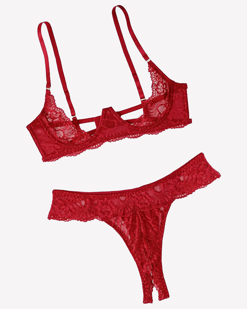 Red lace underwire push-up bra and matching thong set