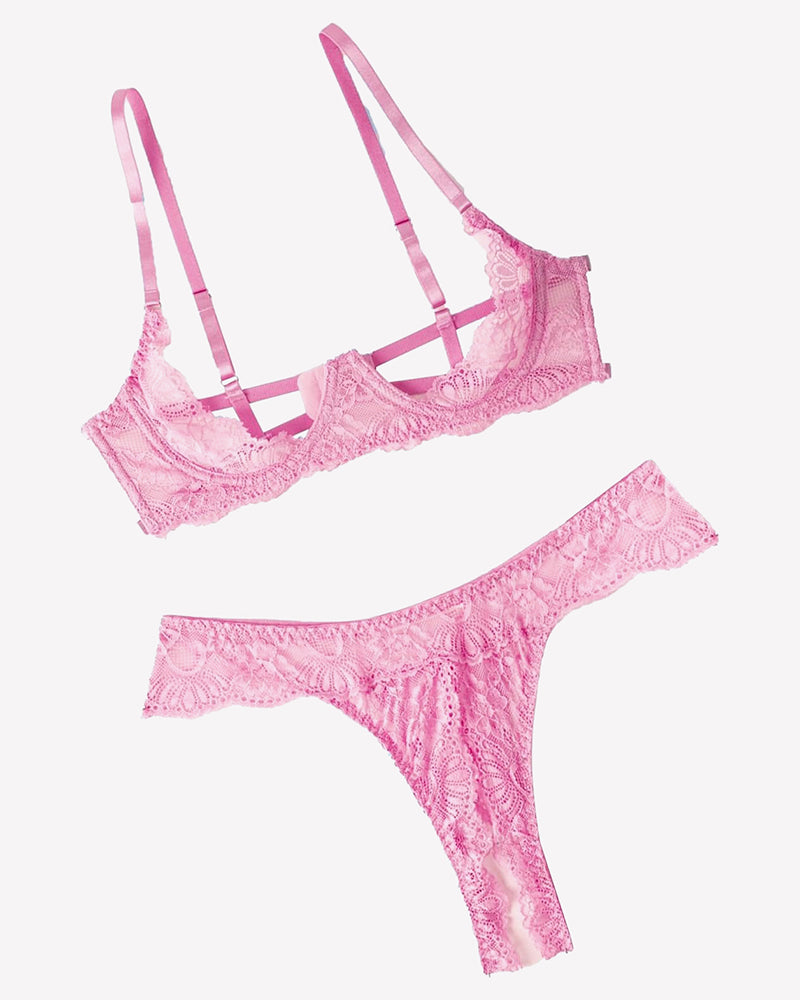 Pink lace underwire push-up bra and thong panty set