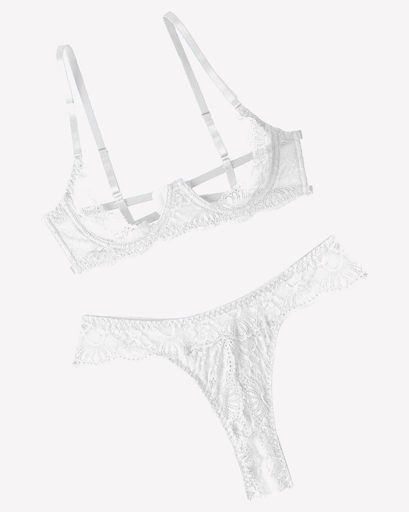 White lace underwire push-up bra and thong panty set