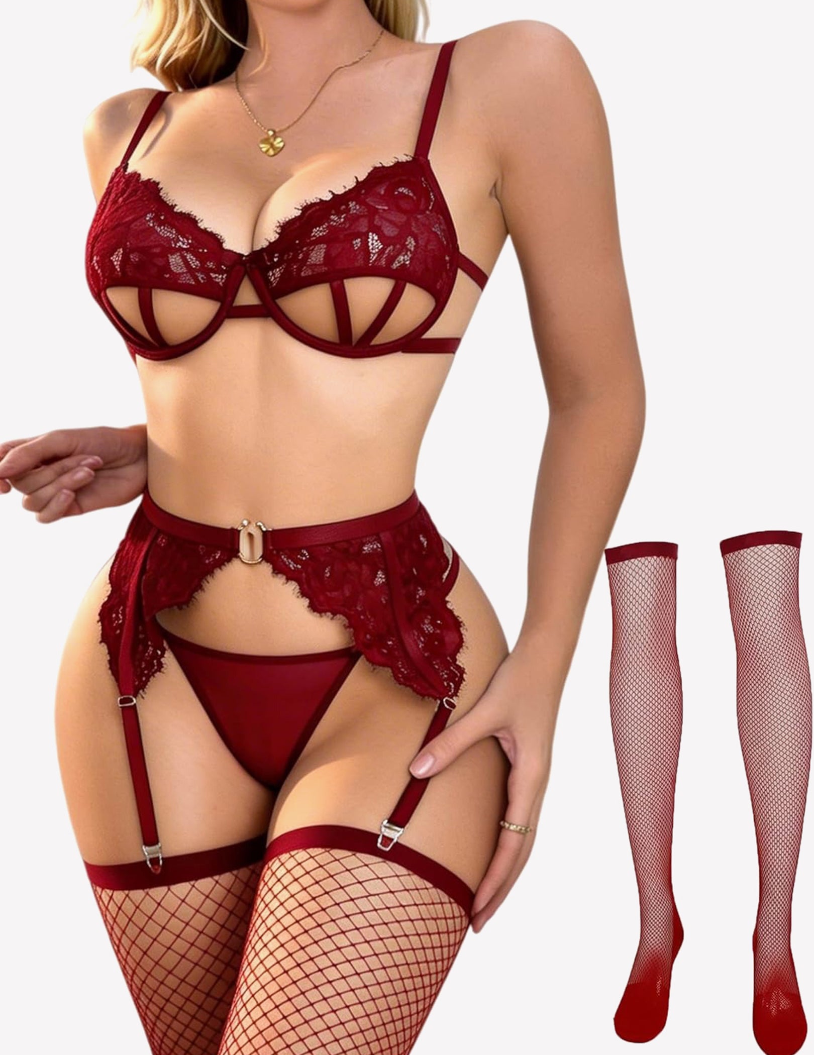 Burgundy cut-out bra and panty set with garters, fishnet stockings