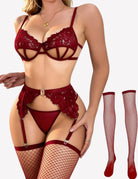 Burgundy cut-out bra and panty set with garters, fishnet stockings