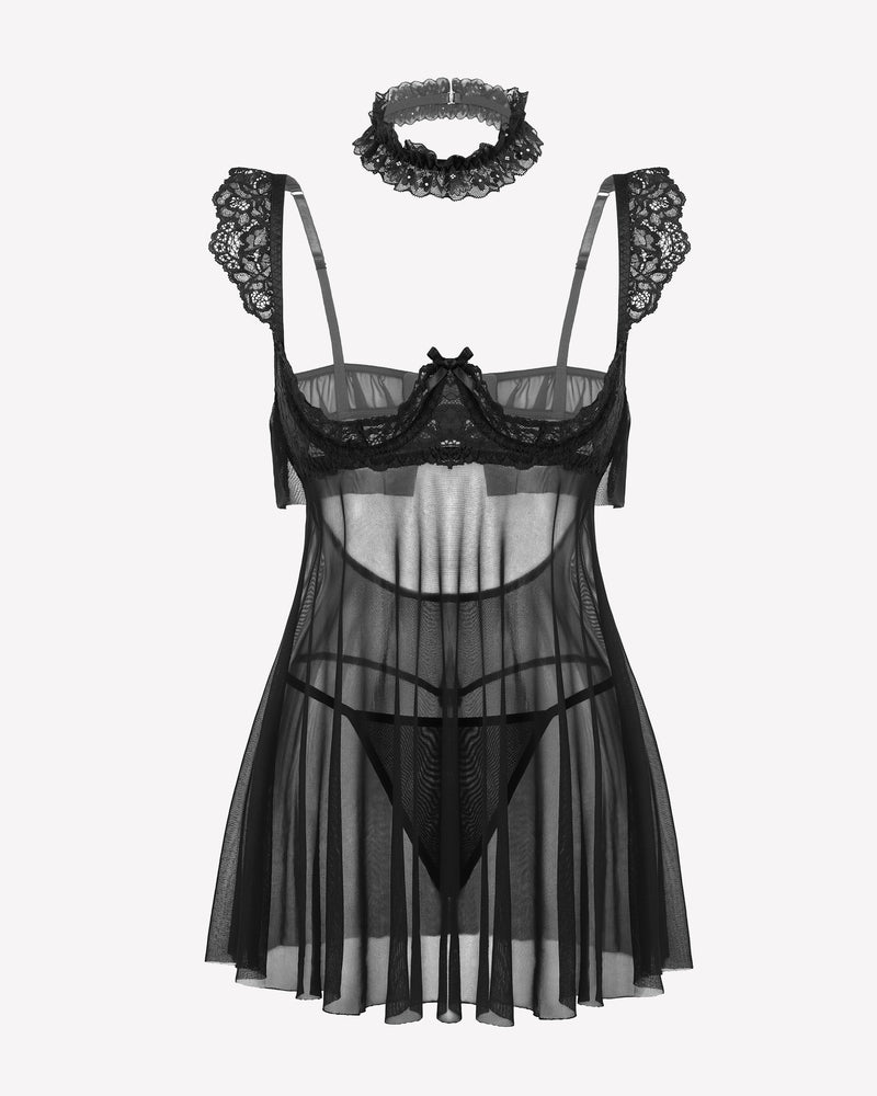 Black lace babydoll lingerie dress with sheer mesh panels and lace choker set