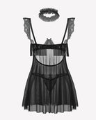 Black lace babydoll lingerie dress with underwire cups and sheer mesh skirt