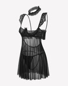 Black sheer mesh babydoll lingerie dress with lace trim and underwire cups