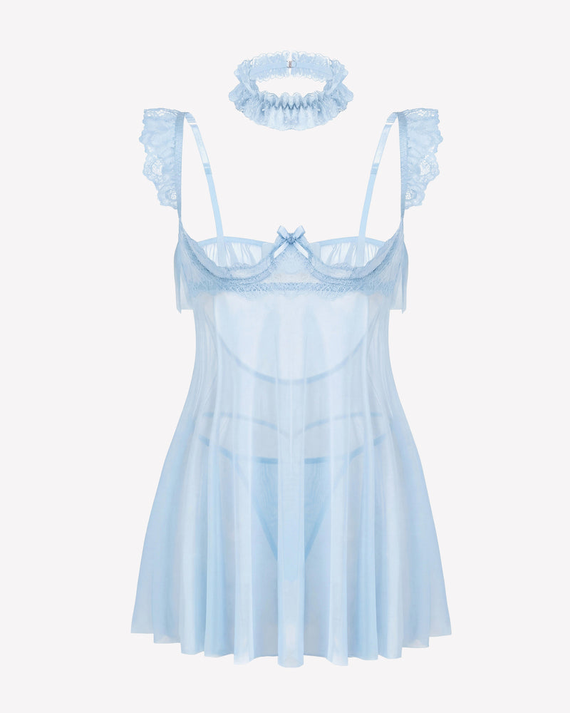 Light blue lace babydoll lingerie dress with sheer mesh panels and lace choker set
