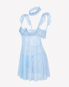 Light blue lace babydoll lingerie dress with underwire cups and sheer mesh skirt