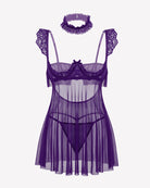 Purple lace babydoll lingerie dress with sheer mesh panels and lace choker set