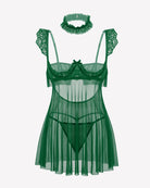 Green lace babydoll lingerie dress with sheer mesh panels and lace choker set