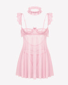 Pink lace babydoll lingerie dress with sheer mesh panels and lace choker set