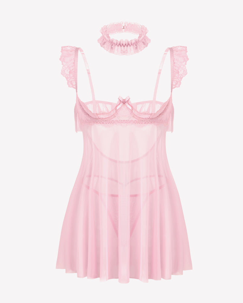 Pink lace babydoll lingerie dress with sheer mesh panels and lace choker set