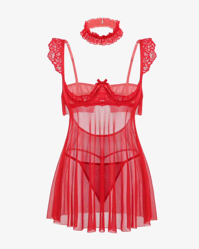 Red lace babydoll lingerie dress with sheer mesh panels and lace choker set