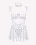 White lace babydoll lingerie dress with sheer mesh panels and lace choker set