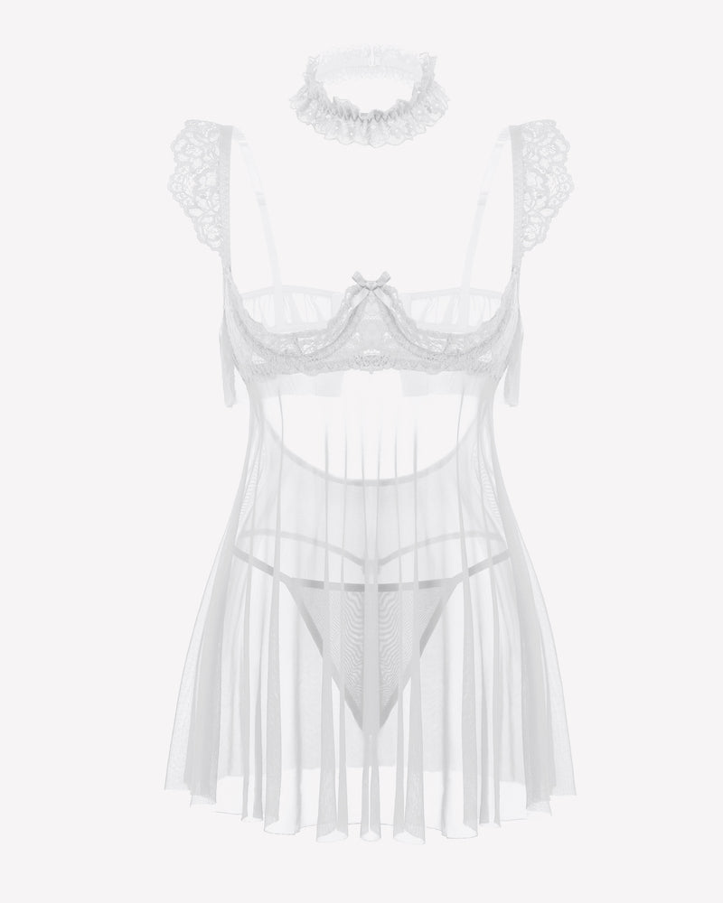 White lace babydoll lingerie dress with sheer mesh panels and lace choker set