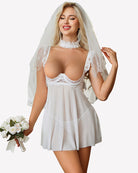 White lace babydoll lingerie dress with underwire cups and lace veil overlay