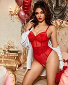 Red sheer mesh lace teddy bodysuit with plunge V-neck and wired bust