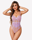 Sheer mesh lace bodysuit teddy with V-neck, lilac lace cups and dotted tulle