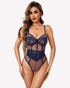 Sheer mesh lace bodysuit teddy with V-neck, navy lace cups and dotted mesh panels