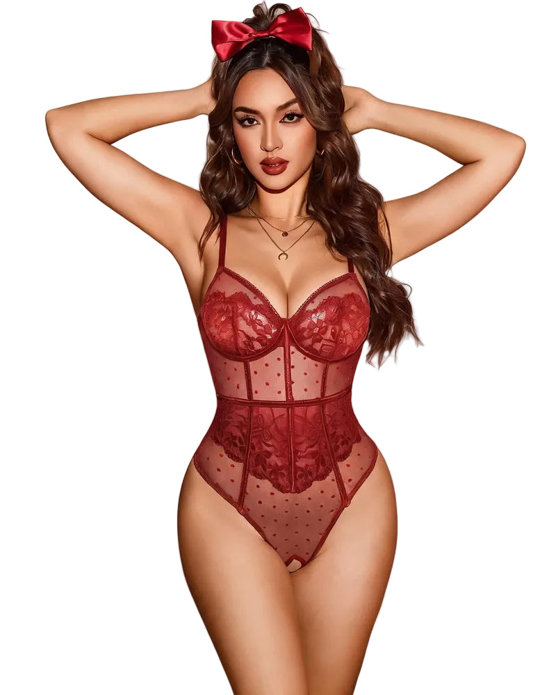 Sheer mesh lace bodysuit teddy with V-neck, burgundy lace cups and dotted mesh