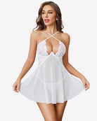 White lace babydoll dress with sheer mesh cups and crisscross halter straps