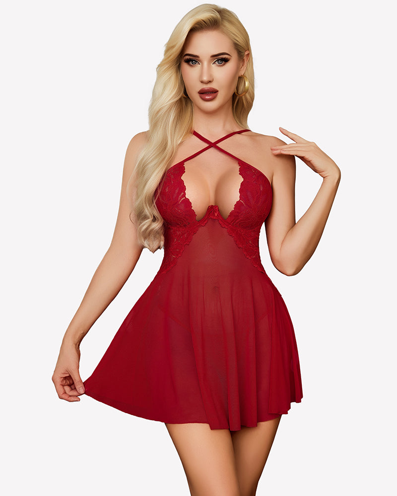 Red lace babydoll dress with sheer mesh neckline and flared pleated skirt