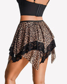 Tiered mesh mini skirt with leopard print overlay and black lace ruffle tiers