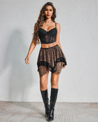 Asymmetrical tiered mesh mini skirt with leopard print and black lace trim