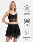 Black sheer tiered mesh mini skirt with lace trim and asymmetrical silhouette