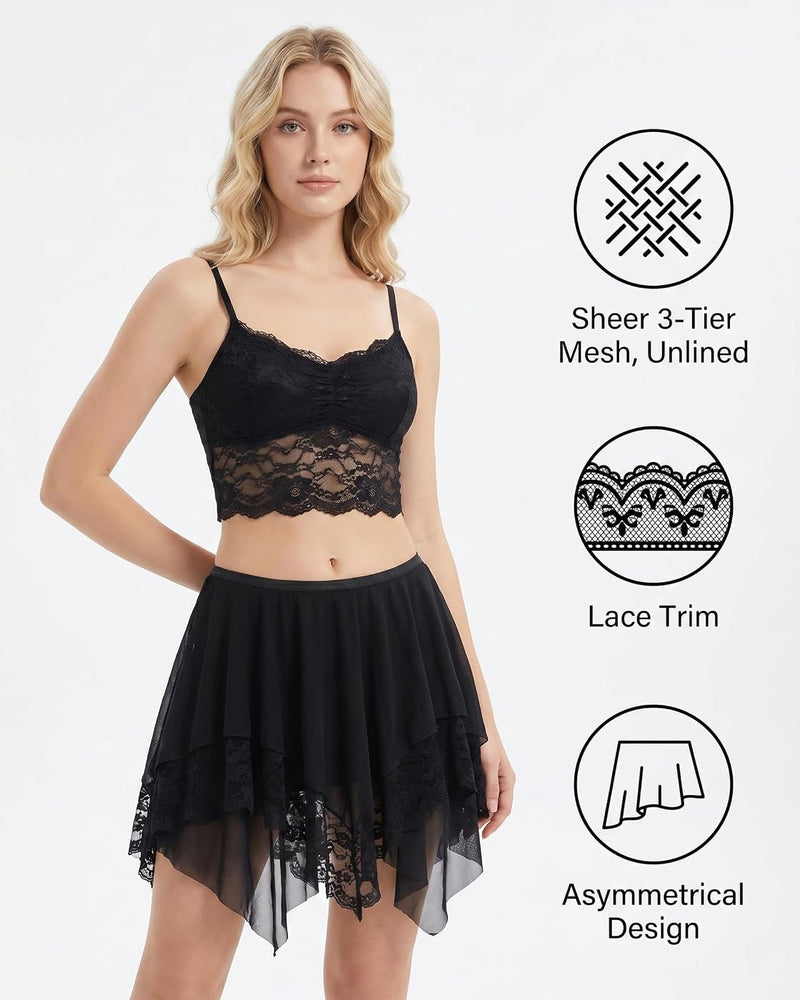Black sheer tiered mesh mini skirt with lace trim and asymmetrical silhouette