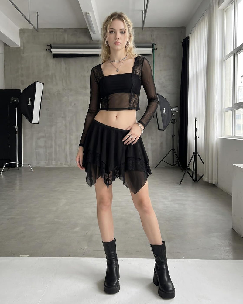 Black tiered mesh mini skirt with lace-trimmed uneven ruffle hem
