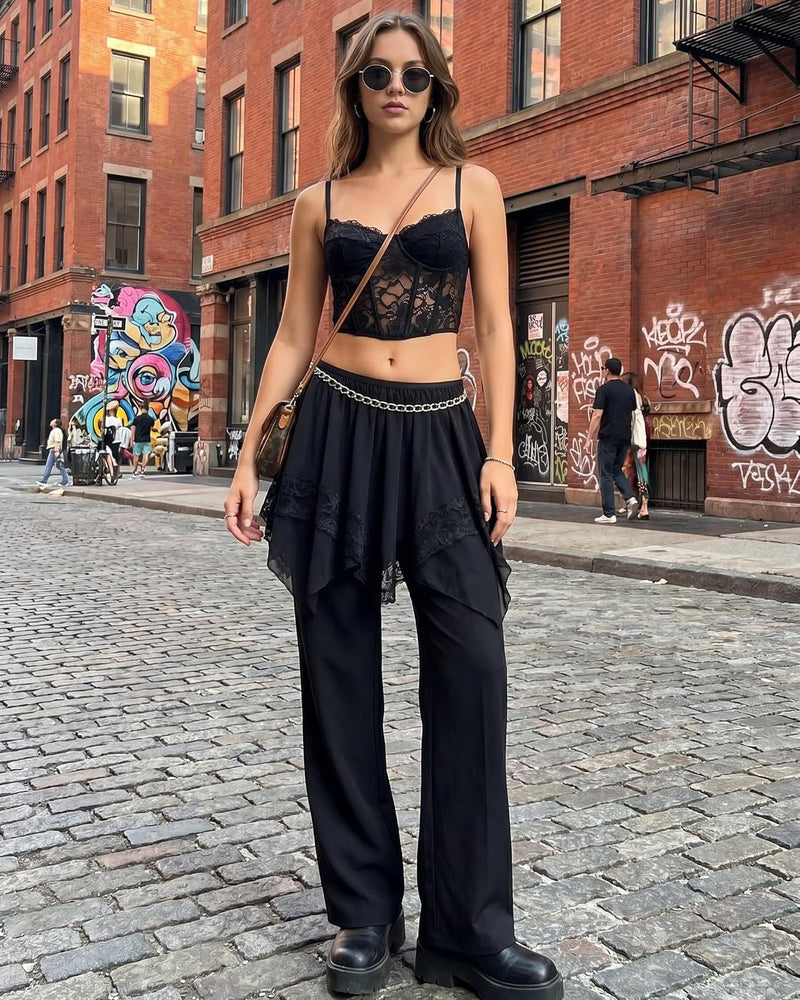 Black tiered mesh mini skirt with draped lace ruffle layers