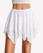 White sheer tiered mini skirt with lace band hem and asymmetric layered silhouette