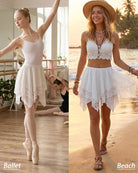 White sheer tiered mini skirt with lace trim and short asymmetrical layered design