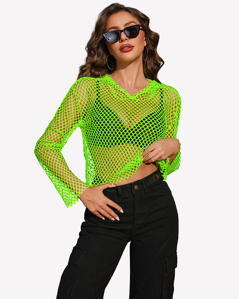 Neon green fishnet mesh hoodie top with long sleeves and V-neck hood