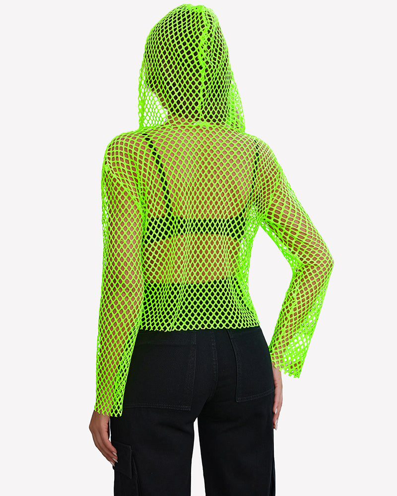 Neon green fishnet mesh hoodie top with long sleeves, back view