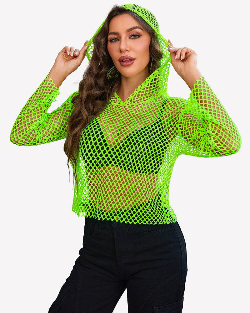 Neon green fishnet mesh hoodie top with long sleeves and V-neck hood