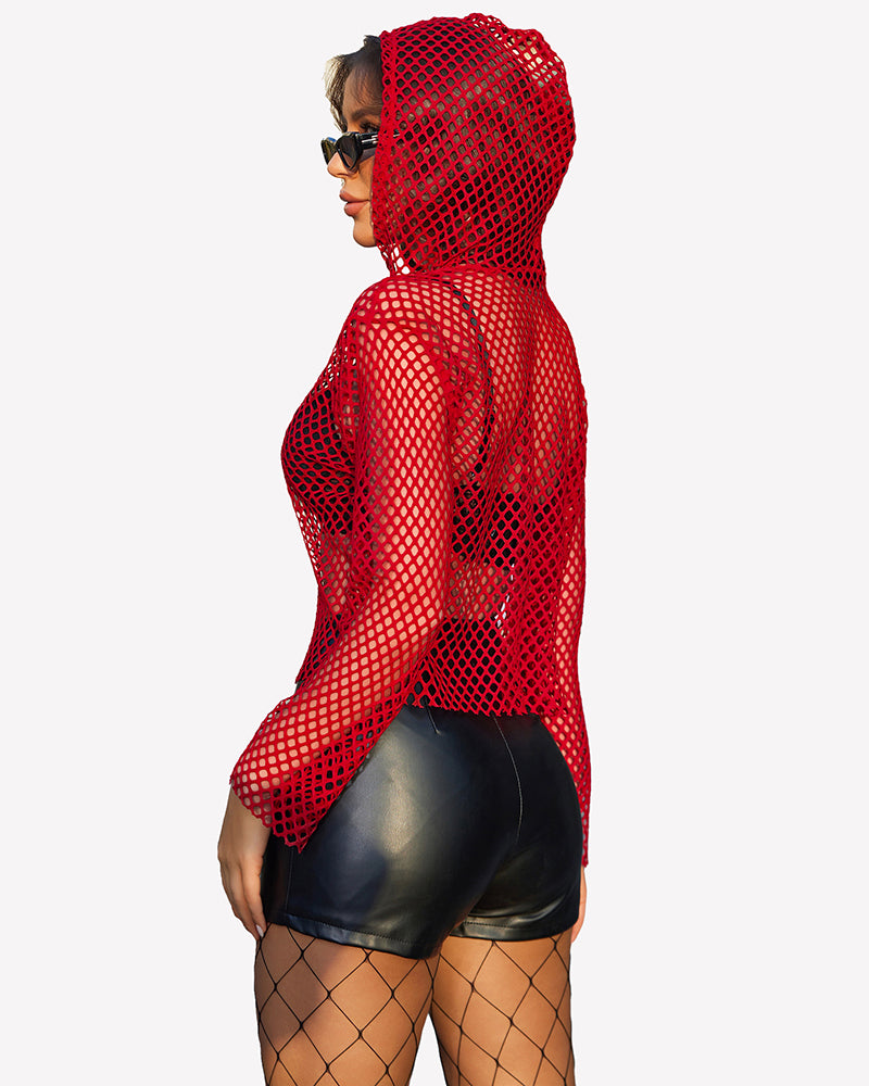 Deep red fishnet mesh hoodie top with long sleeves, back view