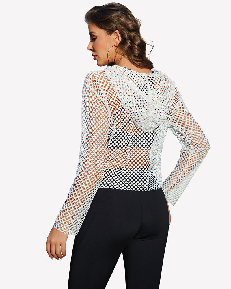 White fishnet mesh hoodie top with long sleeves, back view