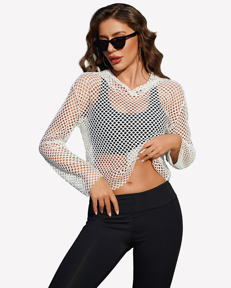 White fishnet mesh hoodie top with long sleeves and V-neck hood