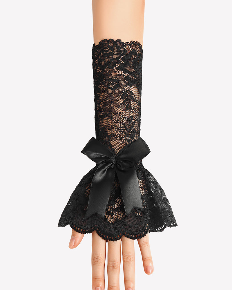 Black lace fingerless gloves with satin bow and scalloped ruffle cuff