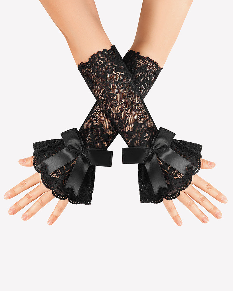 Black lace fingerless gloves with satin bow and scalloped ruffle cuffs