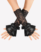 Black lace fingerless gloves with satin bow and scalloped ruffle cuffs