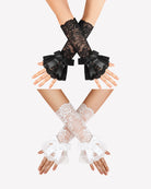 Two-tone lace fingerless gloves with satin bows and scalloped ruffle cuffs