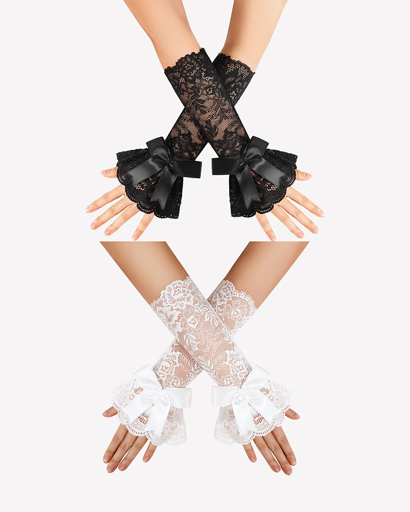 Two-tone lace fingerless gloves with satin bows and scalloped ruffle cuffs