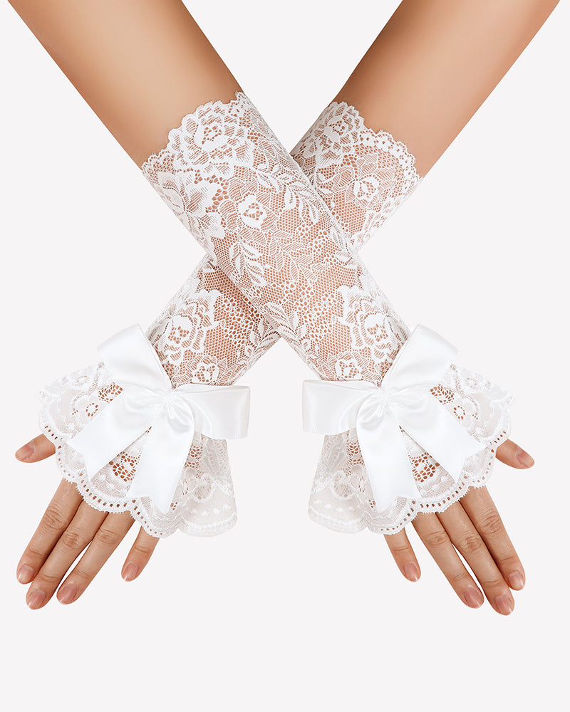 White lace fingerless gloves with satin bow and scalloped ruffle cuffs