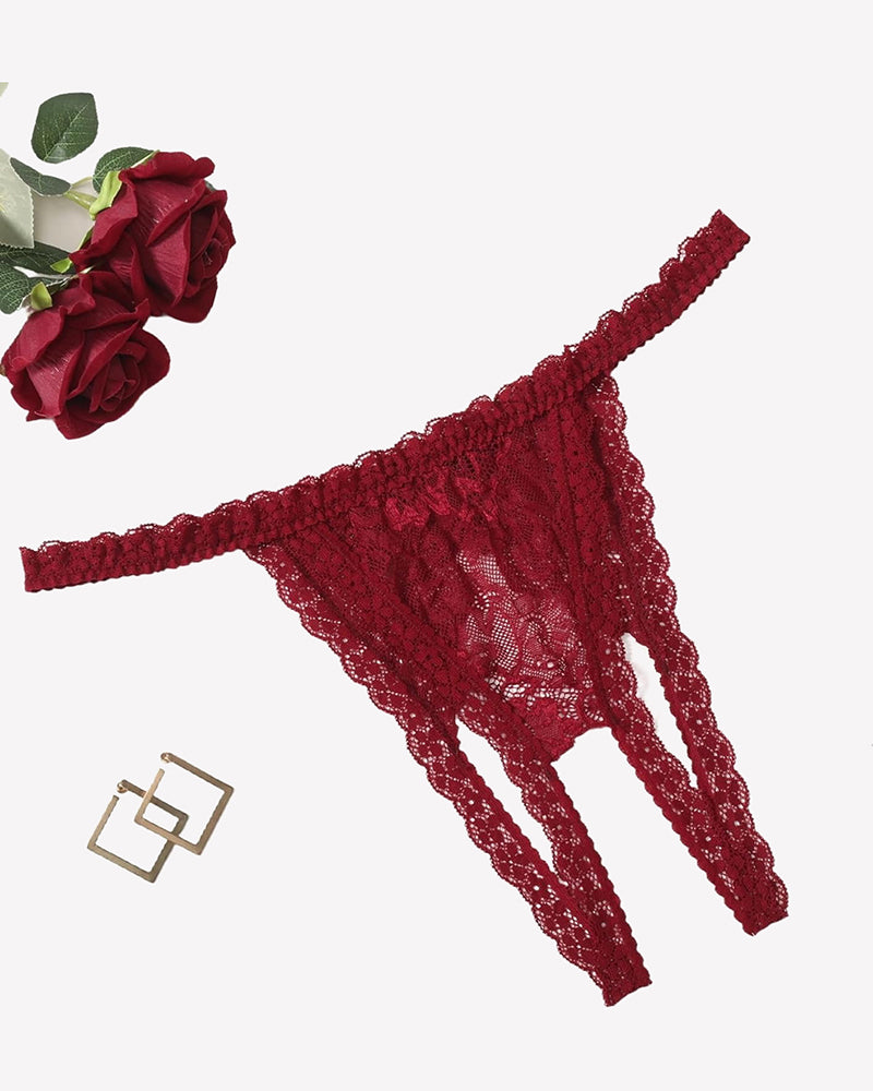 Dark red lace thong panties with floral pattern, low-rise cut and scalloped edges.