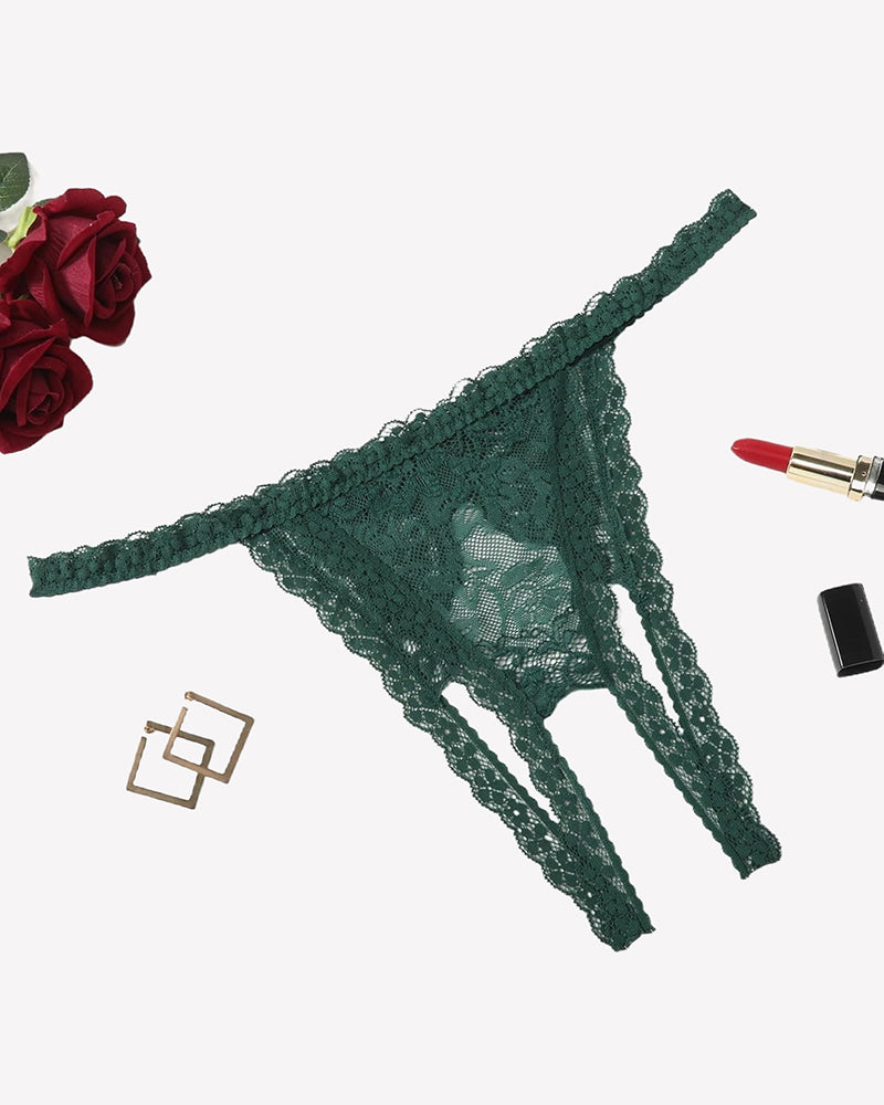Green lace thong panties with floral pattern, low-rise cut and scalloped edges.