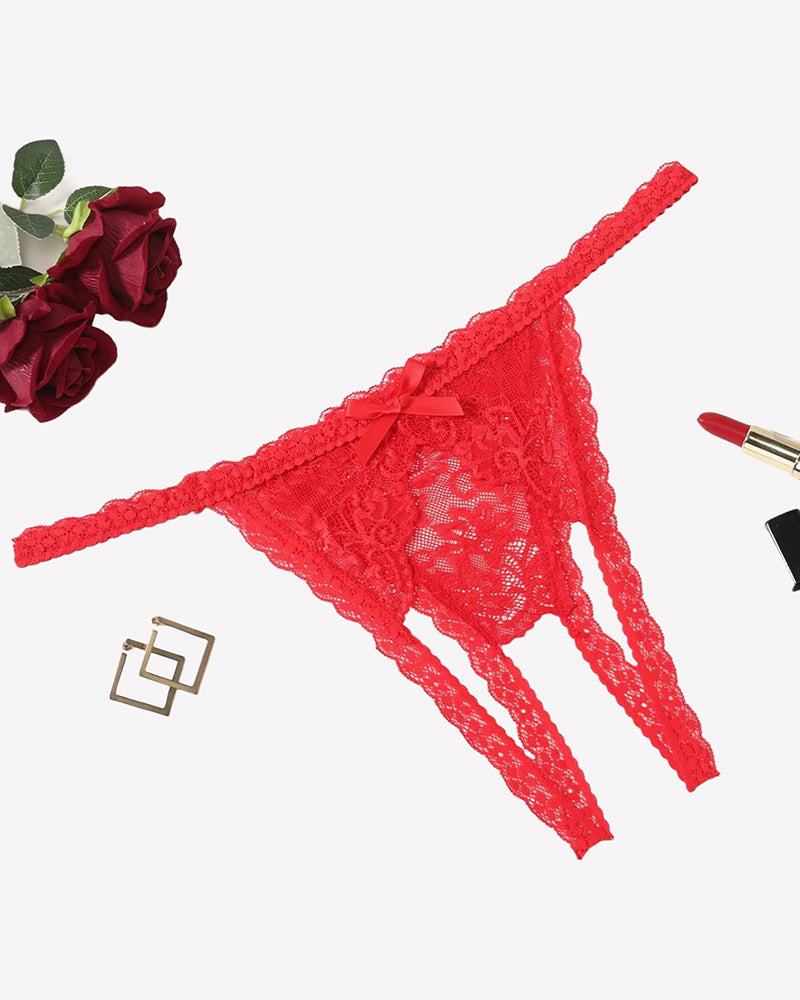 Floral lace thong panties, low-rise, red lace triangle front with side straps
