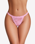 Pink floral lace thong panties, low-rise style with scalloped waistband and sides.