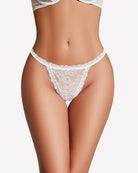 Floral lace thong panties, low-rise, white lace triangle front with lace trim